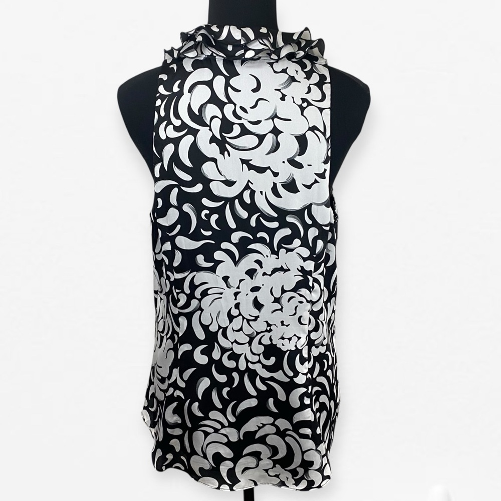 White House Black Market Ruffled Black and White Career Blouse Top L - Picture 4 of 9